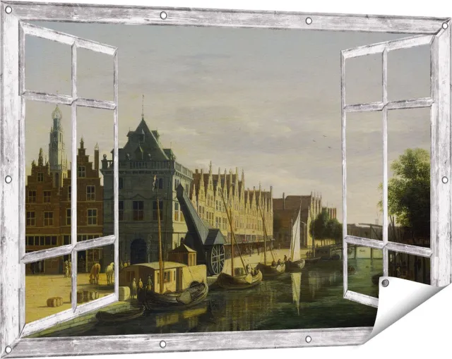 Gards Tuinposter Doorkijk De Waag en de Kraan aan het Spaarne te Haarlem - Gerrit Adriaensz Berckheyde - 120x80 cm - Tuindoek - Tuindecoratie - Wanddecoratie buiten - Tuinschilderij Grijs