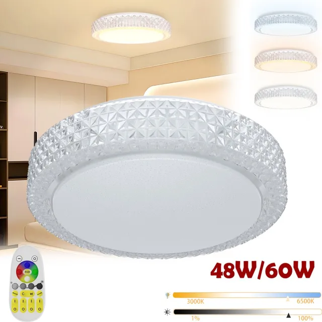 Froadp 60W LED RGB plafondlamp Plafondlamp dimbaar met afstandsbediening Plafondlampen Rond Moderne woonkamerlamp Wit Slaapkamerlamp met kristallen decoratie Keukenlamp IP44 voor balkon - Ø48cm
