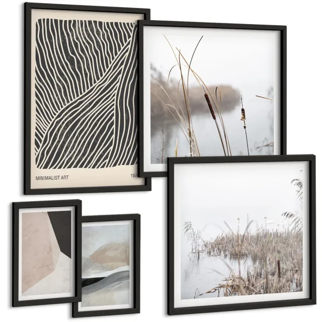 TULUP 4-Delige Schilderij Set - Minimalistische kunst met natuur- en abstracte motieven - 50 x 50 cm, 20 x 30 cm en 40 x 60 cm - Stijlvolle Wanddecoratie - Interieur - Interieur Decoratie Zwarte lijst