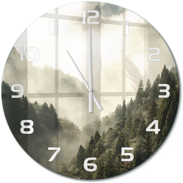 TULUP Wandklok - Mist boven het bos Glazen Wandklok Design - fi60 cm - Zwart-wit Klok Glas Met Opdruk - Witte handen - Ronde Klok - Wandklok Glas Met Motief - Decoratieve Glazen Klok