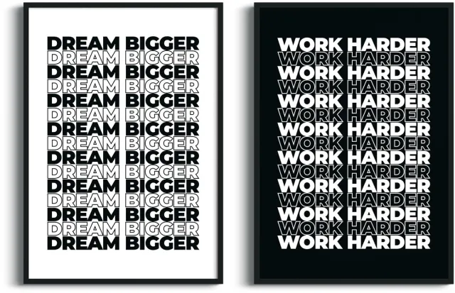 Studio Miron Premium Fine Art Tweeluik Motivatie Posters “Dream Bigger” & “Work Harder” – A3 (29,7 x 42 cm) Zwart