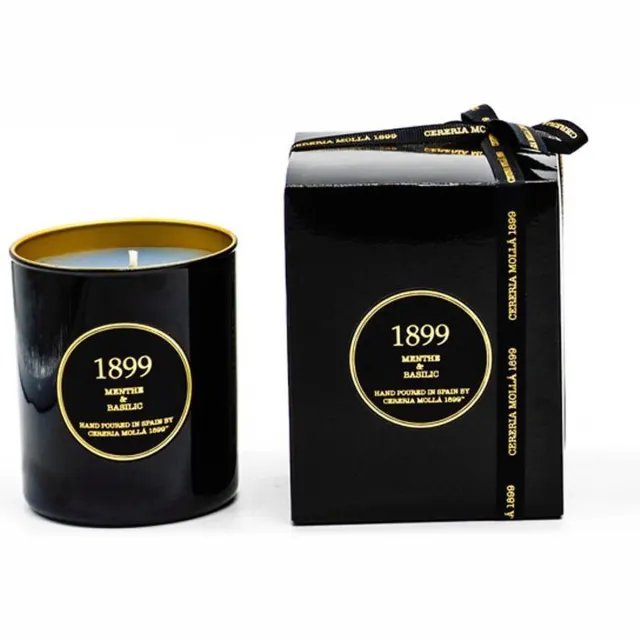 Cereria Mollà 1899 Gold Edition Geurkaars - Menthe & Basilic - 230 gram - 50 branduren. Zwart/ Goud