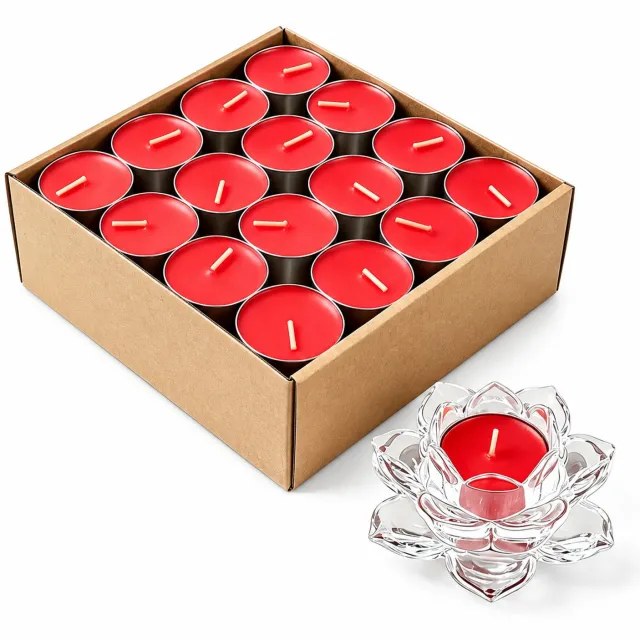 SWGOTA Rode offerkaarsen van plantaardige boter, 32 stuks, 12-uursuitvoering, 45 x 35 mm, in metalen cups, met glazen lotushouder Rood