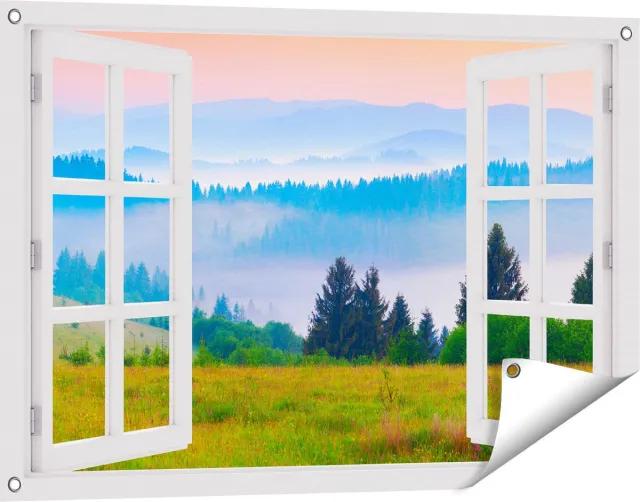 Gards Tuinposter Doorkijk Mistige Heuvel Landschap met Bossen - 90x60 cm - Tuindoek - Tuindecoratie - Wanddecoratie buiten - Tuinschilderij Wit