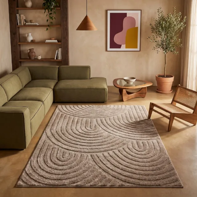 Tapiso Vloerkleed Linea 3D Golvend Patroon - Taupe Bruin - Modern Design - Woonkamer