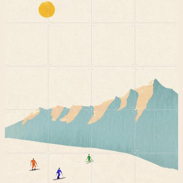 IXXI Happy Skiers, Henry Rivers - 80 x 100 cm - Grote wanddecoratie en posters - Speels, Illustraties, Digitale Kunst, Minimalisme, Woonkamer Blauw / Beige