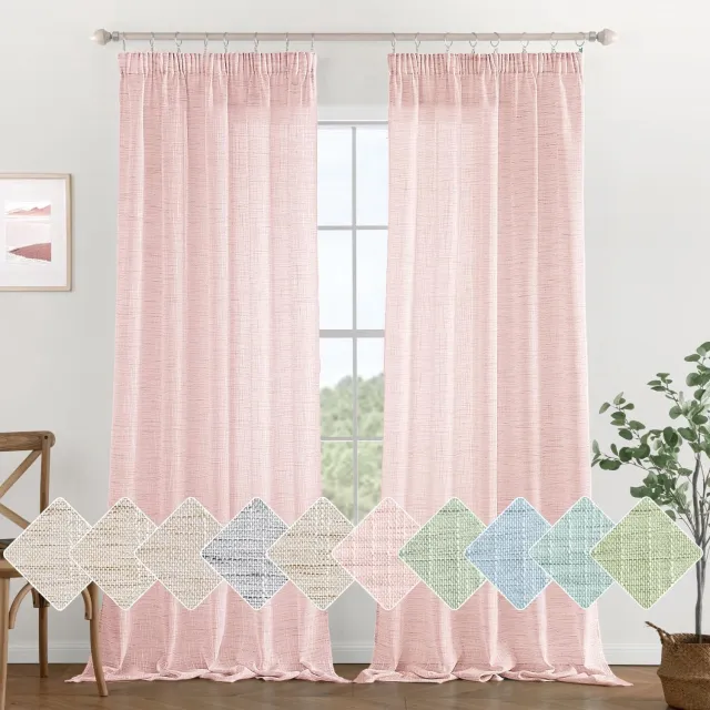 Famanu Transparante gordijnen met plooiband, linnenlook, stijlvol en modern, roze, 140 x 260 cm, set van 2 stuks, eenvoudig te installeren, biedt zachte lichtinval en privacy, ideaal voor woonkamer, slaapkamer en andere ruimtes