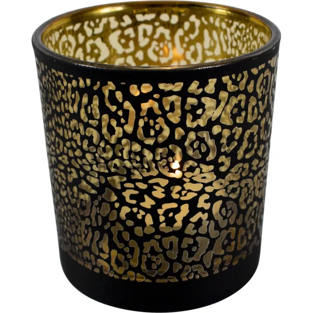 Mars & More Theelichthouder jaguar print - glas mat zwart - 18 cm