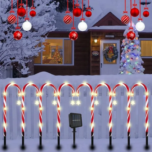 Gotrays 8 stuks Candy Cane Solar Kerstverlichting Buiten Waterdicht, 48 LEDs, Batterij op zonne-energie,Kerstverlichting Buiten met Afstandsbediening & 8 Knipperstanden voor Buiten Tuin Kerstversiering（Pentagram）