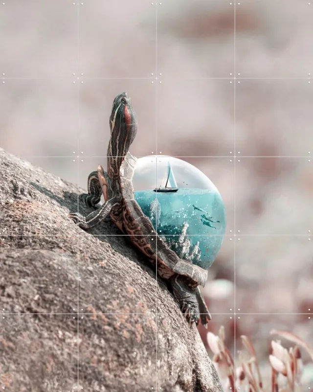 IXXI Aqua Turtle, Julien Tabet - 80 x 100 cm - Grote wanddecoratie en posters - Surrealisme, Digitale Kunst, Speels, Woonkamer, Natuur, Zeeleven Koele tinten / Blauw