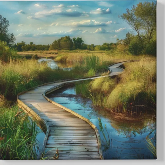 Trendex Global Vierkant Canvas Schilderij - Landschappen - Houten Loopbrug - 100x100x2 cm Groen