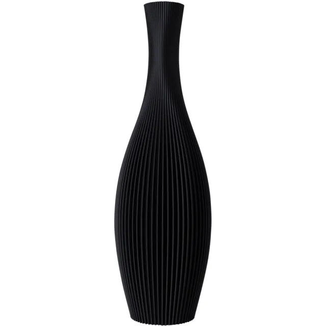 Slimprint Vaas STELLA, Mat Zwart, D18,8 x H60 cm, Moderne Vaas met Gestreept Motief voor Pampas Pluimen en Decoratie Takken, Gerecycled Biokunststof