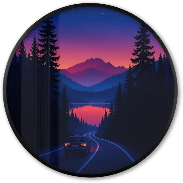 FrameYourWall Poster in lijst Rond - Fotolijst 60x60 cm - Posters - Auto - Donkere dennenbomen - Zonsondergang - Ronde posterlijst zwart - Decoratie - Wanddecoratie woonkamer - Muurdecoratie slaapkamer Auto - Dennenbomen - Zonsondergang