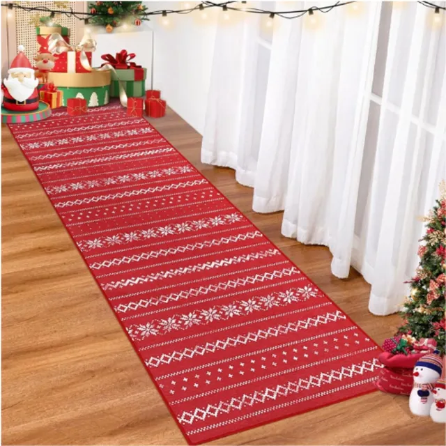 Thuys Kerst Loopmat 60x180 Cm – Rode Zachte Antislip Keukenmat – Wasbare Loper Voor Hal – Kerstdecoratie Voor Binnen – Witte Bloemmotieven – Comfortabele Tapijtloper Voor Woonkamer – Feestelijke Kerstmat Rood