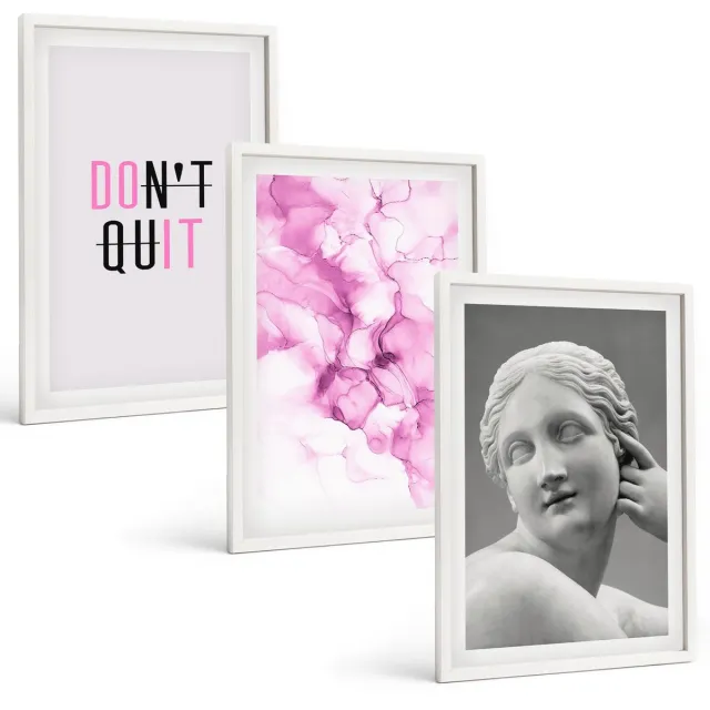 Coloray 3-Delige Schilderij Set - Aquarel Abstractie Inspirerende Slogan Oude Beeldhouwkunst - 40 x 60 - Stijlvolle Muurdecoratie - Slaapkamer - Decoratieve Schilderijen Witte lijst
