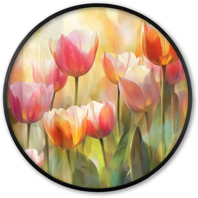 FrameYourWall Poster in lijst Rond - Fotolijst 80x80 cm - Posters - Tulpen - Sprookjesachtig - Kleurrijk - Ronde posterlijst zwart - Decoratie - Wanddecoratie woonkamer - Muurdecoratie slaapkamer