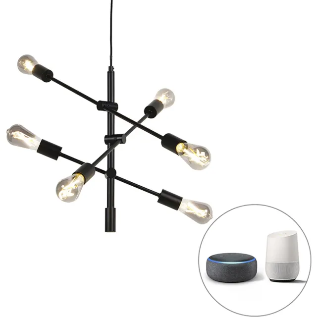 QAZQA sydney - Industriele Dimbare LED Smart Hanglamp incl. wifi met Dimmer voor boven de eettafel | in eetkamer - 6 lichts - Ø 75 cm - Zwart - Industrieel - Woonkamer | Slaapkamer | Keuken Zwart Smart LED
