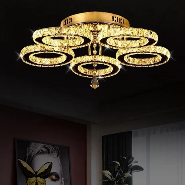 Mrs. Jones 5 Cirkel Chroom Kroonluchter - Dimbaar Met APP & Afstandsbediening - Woonkamerlamp - LED Plafondlamp - Plafonniere - Crystal LED Lamp