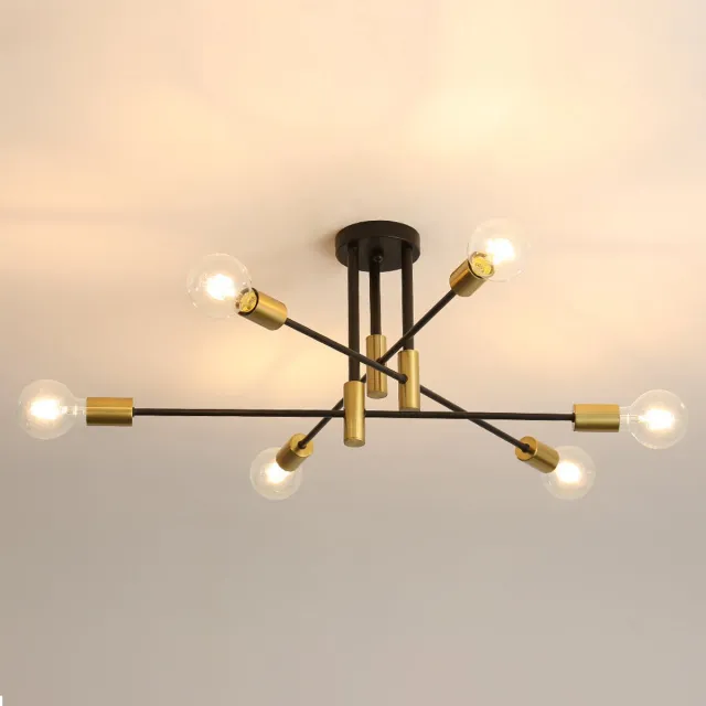 Riserva Plafondlamp Zwart Goud - 6-Lichts - E27 - Max. 60W per Lichtpunt - Industriële Vintage Plafondlamp Zwart + Goud
