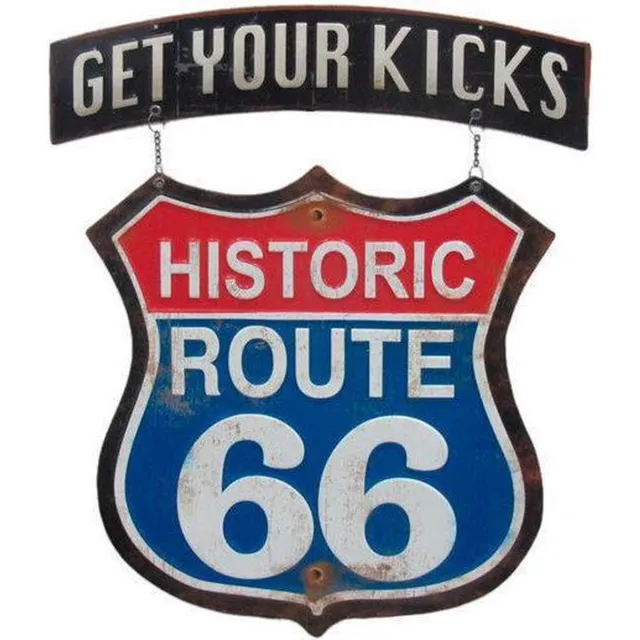 Signs-USA Get Yours Kicks On Route 66 - Retro Wandbord - Metaal - 46x40 cm Rood