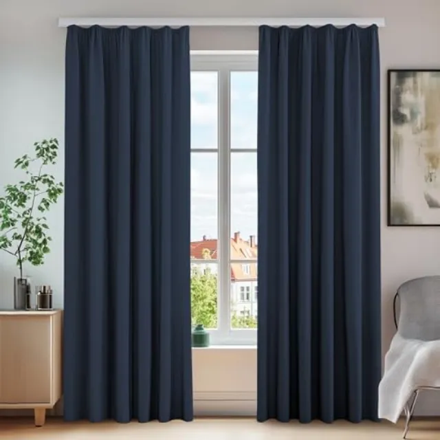 Maison Lara Set van 2 ondoorzichtige gordijnen met plooiband, thermische gordijnen voor winter, koudebescherming, 260 x 140 cm, donkerblauw