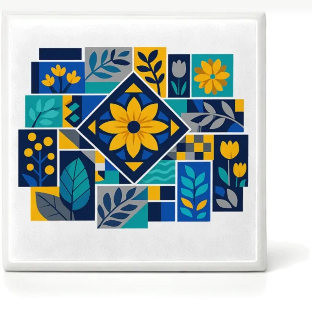 Mr Cadeautjes Mini tegeltje Een levendig mozaïek van botanische blokken met bladeren, bl - 4,8 x 4,8 cm, keramiek - mozaiek, diy, decoratie | cadeau wit