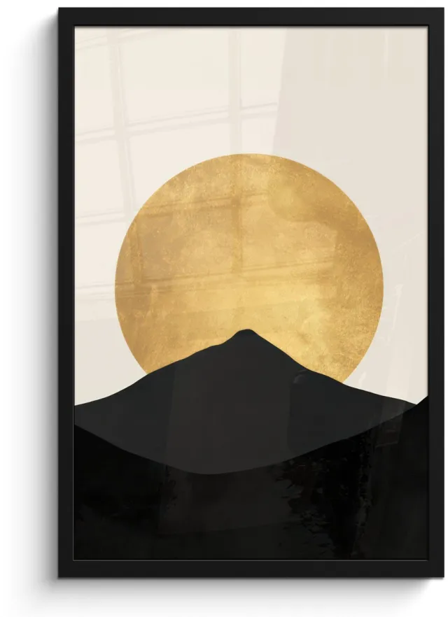 FrameYourWall Poster in lijst - Fotolijst 40x60 cm - Posters - Bergsilhouetten - Gouden cirkel - Beige - Posterlijst zwart - Decoratie - Wanddecoratie woonkamer - Muurdecoratie slaapkamer Bergsilhouetten - Cirkel