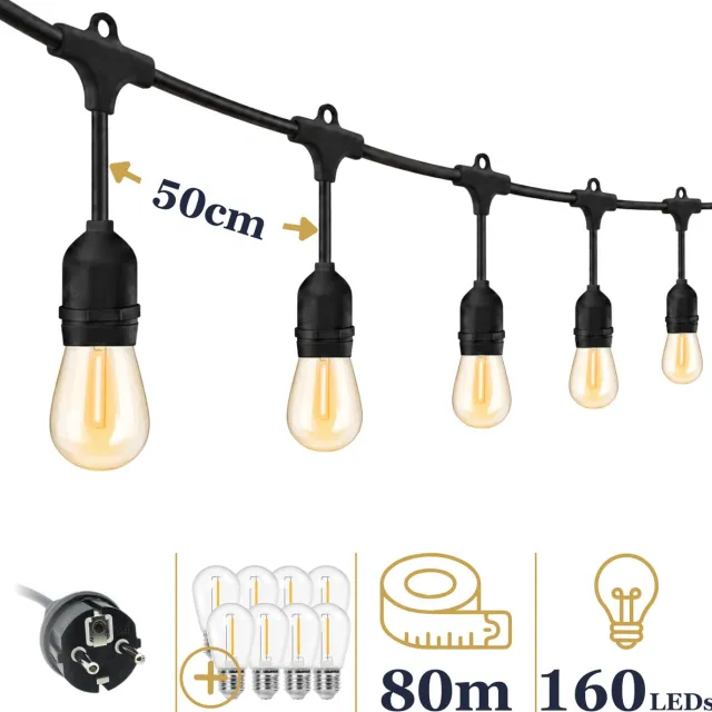 Odaily Lichtsnoer voor Buiten - 80 Meter - 160 LED Lampen - Warm Wit Licht - IP65 - Horecakwaliteit