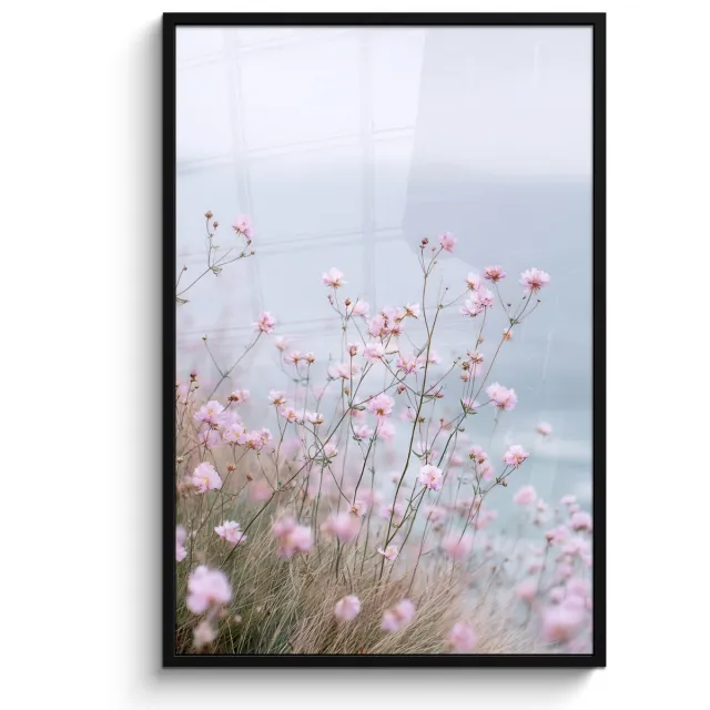 FrameYourWall Poster in lijst - Fotolijst 80x120 cm - Posters - Klif - Bloemen - Zee - Roze - Posterlijst zwart - Decoratie - Wanddecoratie woonkamer - Muurdecoratie slaapkamer