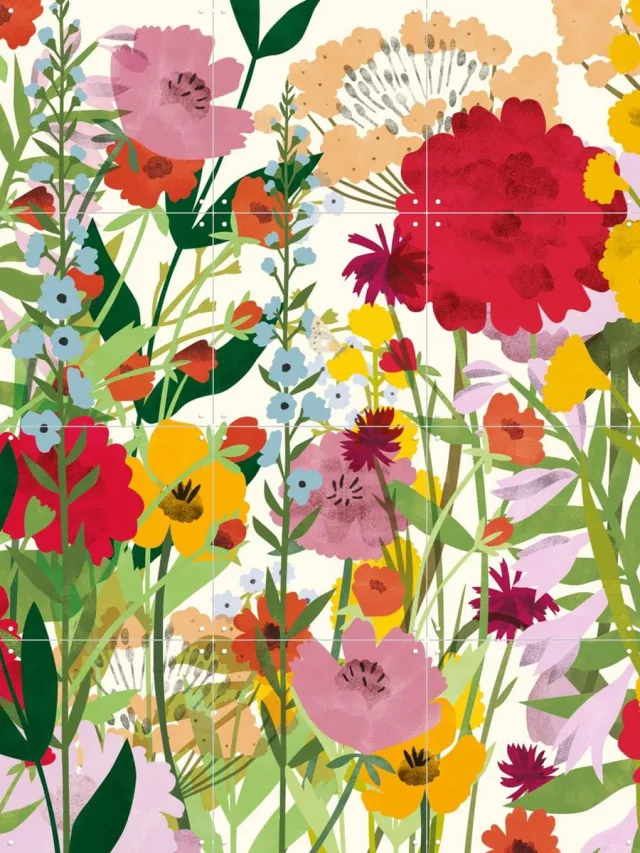 IXXI Flower Garden Light, Lotte Dirks - 60 x 80 cm - Grote wanddecoratie en posters - Speels, Digitale Kunst, Kleurrijk, Illustraties, Woonkamer Rood / Lichte tinten