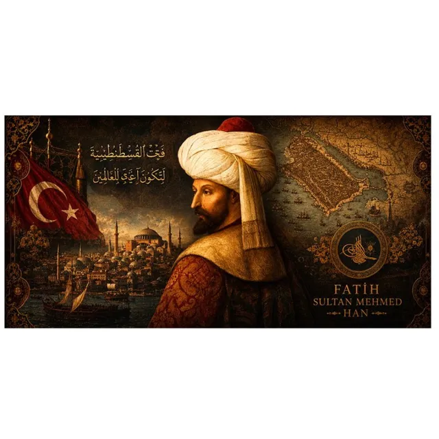 Propixel Horizontaal Plexiglas Schilderij – Fatih Sultan Mehmet – Historische Ottomaanse wanddecoratie (100 × 50 cm) Zwart