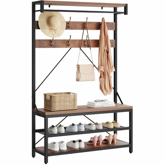 Heidat Kapstok met Schoenenrek - 2 Schoenenplanken – Kledingstang – Industrieel Bruin met Zwart - 102 × 40 × 183 cm bruin zwart