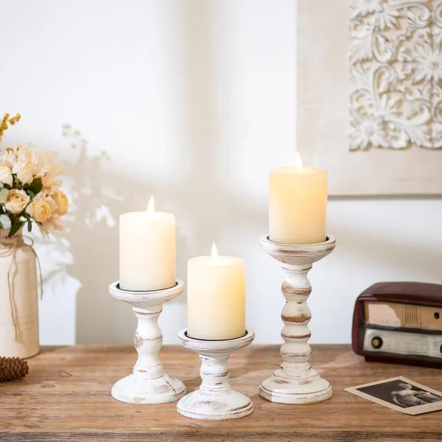 Vintage Kaarsenhouder stompkaarsen hout vintage - set van 3 kandelaars voor kaarsen landhuis rustieke landhuisstijl decoratie woonkamer tafeldecoratie herfst lente tafel bruiloft, 10/15/21 cm wit