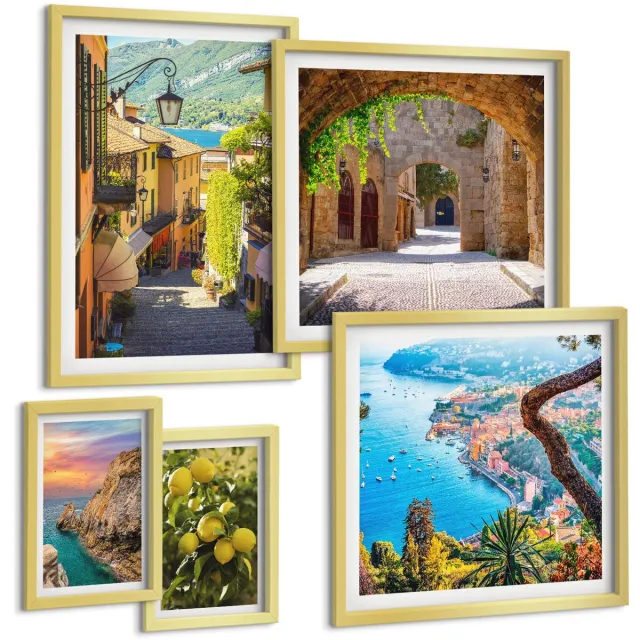 Coloray 5-Delige Schilderij Set - Charmante Uitzichten Op Kustplaatsen En Landschappen - 50 x 50 cm, 20 x 30 cm En 40 x 60 cm - Wanddecoratie - Muurdecoratie - Woonkamer - Decoratieve Schilderijen Gouden lijst