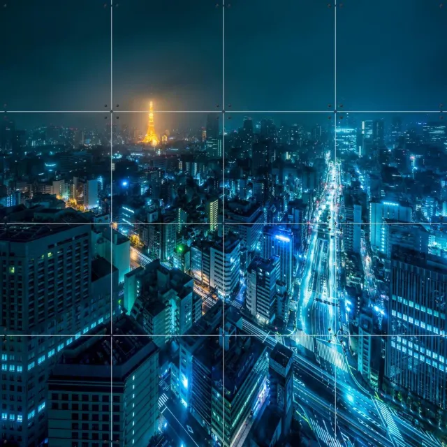 IXXI Tokyo Skyline at Night, Jan Becke - 80 x 80 cm - Grote wanddecoratie en posters - Fotografie, Woonkamer, Mancave, Skyline, Stad, Gebouwen Donkere tinten / Blauw