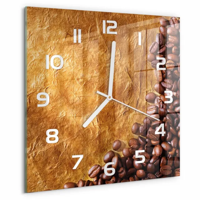 TULUP Wandklok - Koffiebonen Glazen Klok Met Print - 30x30 cm - Bruin Wandklok Glas Met Motief - Witte handen - Vierkante Klok - Wandklok Glas Decoratie - Gekleurde Glazen Klok