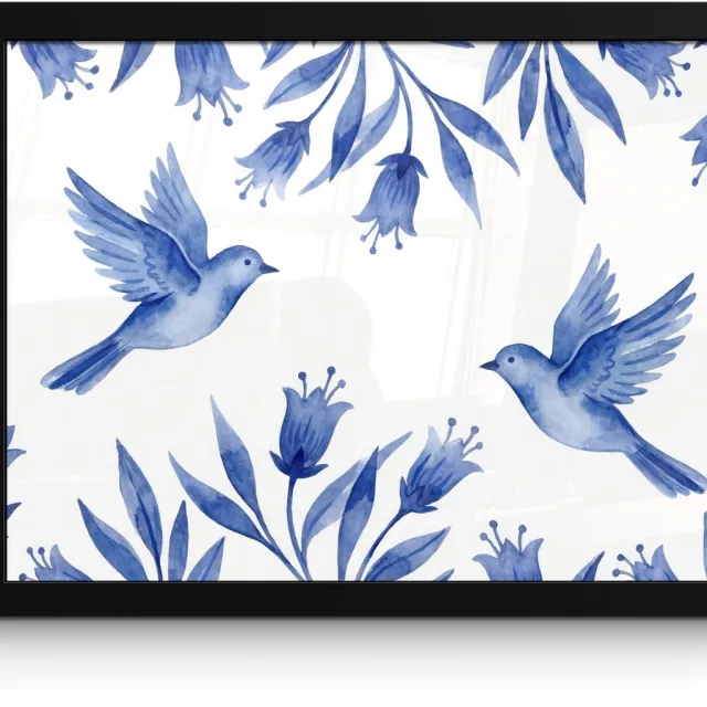 FrameYourWall Poster in lijst - Fotolijst 40x30 cm - Posters - Modern - Vogels - Delfts - Blauw - Posterlijst zwart - Decoratie - Wanddecoratie woonkamer - Muurdecoratie slaapkamer