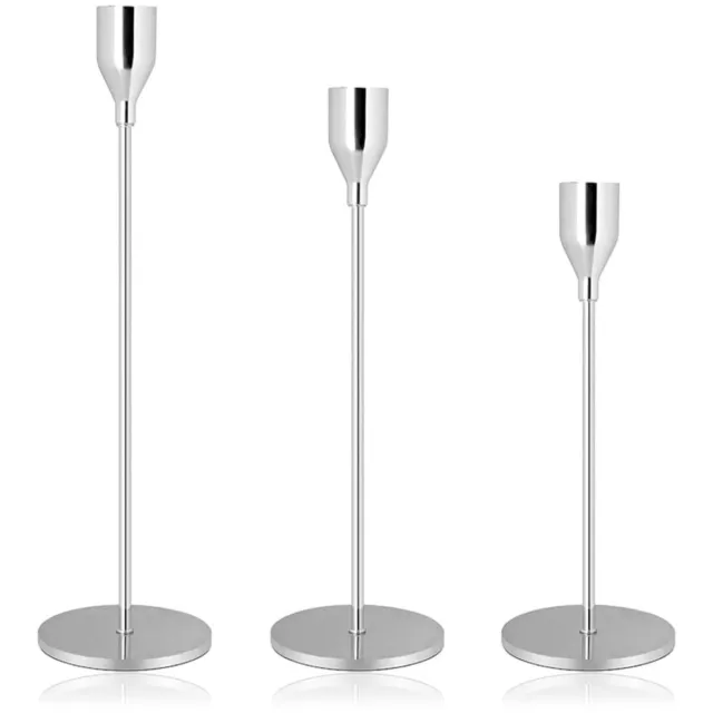 QTTVBTNA Zilveren Kandelaar Set van 3 – Metalen Kaarsenhouder voor Dinerkaarsen 1,9 cm – Decoratieve Kaarsenstandaard voor Woondecoratie, Bruiloft, Diner en Feest