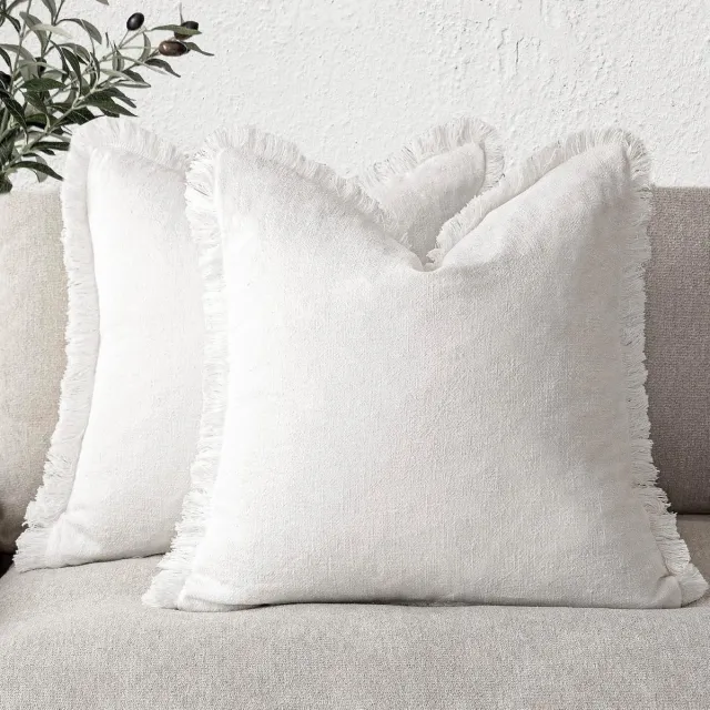 KZQ Witte Linnen Kussenhoes met Franjes – 45x45 cm – Effen en Wasbaar – Decoratief Kussenhoes voor Bank - Stoel en Woonkamer – Exclusief Binnenkussen