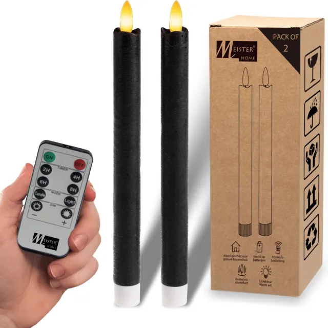 Meisterhome LED Dinerkaarsen Set van 2 – LED kaarsen – Rustiek Zwart – 23 cm – Echt Wax – Met Afstandsbediening – Dimbaar – Timer 2/4/6/8 uur
