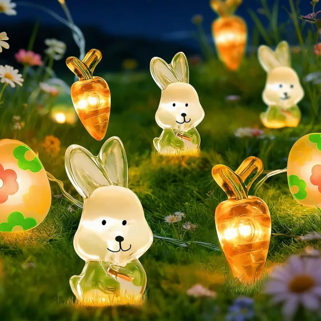 longziming Paasei-lichtslinger - Paasdecoratie - LED-lampjes - Lente- en feestverlichting - Flexibel en eenvoudig te vormen - Batterijgevoed, geen stopcontact nodig - Warmwit licht, geschikt - konijntje, wortel, paasei afwisselend
