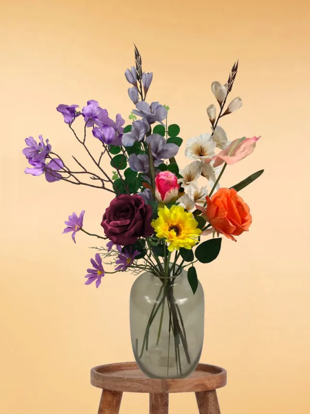 The Bloomistic Company The Bloomistic® – Zijden Boeket – 70-80 cm hoog – Kunstbloemen – moederdag – nepbloemen – housewarming cadeau – decoratie – decoratie woonkamer groen, paars, oranje