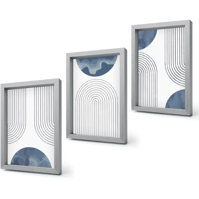 Coloray 4-Delige Schilderij Set - Abstracte patronen in blauw-witte tinten - 20 x 30 cm - Muurdecoratie - Decoratieve Schilderijen - Wohnzimmer - Woonkamer Decoratie Zilveren lijst