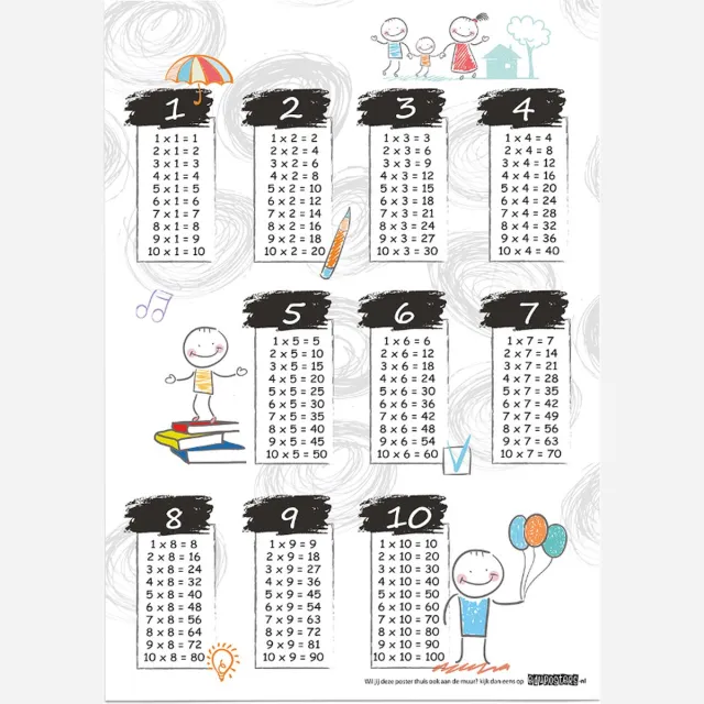 eduposters Educatieve poster (Posterpapier) - Rekenen tafels happy - 29.7 x 42 cm (A3) Beige