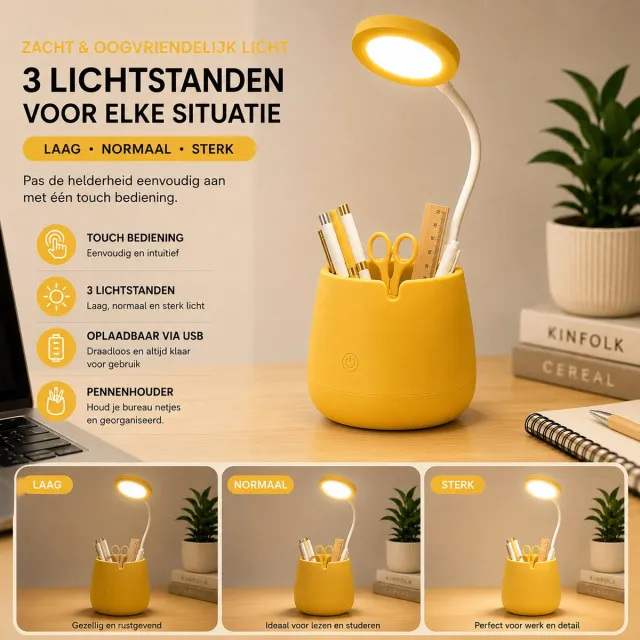 Binalight LED Bureaulamp met Pennenhouder – Draadloos – USB Oplaadbaar – Touch Bediening – Geel