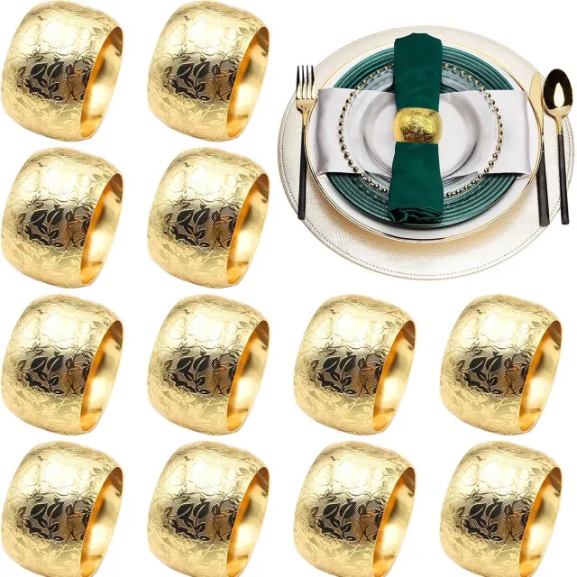 Ibenzoa Set van 12 Luxueuze Gouden Servetringen met Elegant Bladeren Design voor Feestelijke Tafeldecoratie