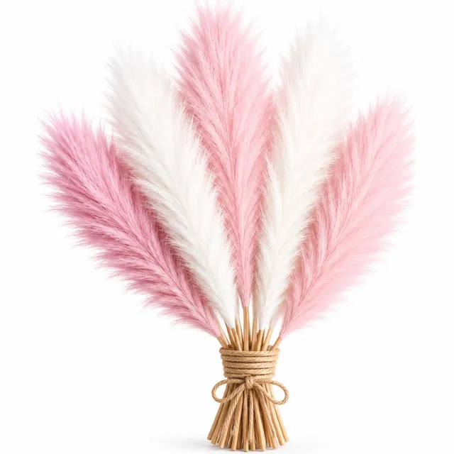 BOTC Kunst Mini Pampasgras - 6 Stuks - 45 cm Decoratieve Pampas Pluimen met Buigbare Stelen - Voor Vaas & Woondecoratie - Roze & Crème