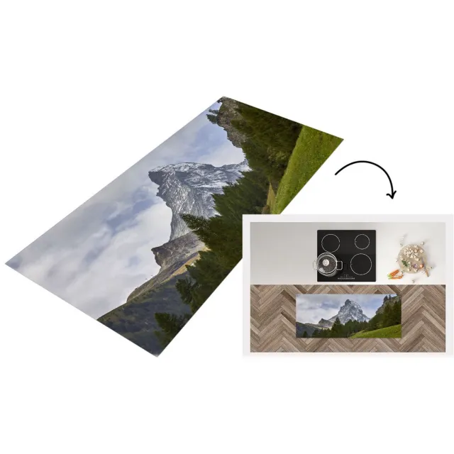 KitchenYeah Keukenloper - Loper keuken - De Zwitserse Matterhorn achter een dennenbos - Keukenloper vinyl multicolor