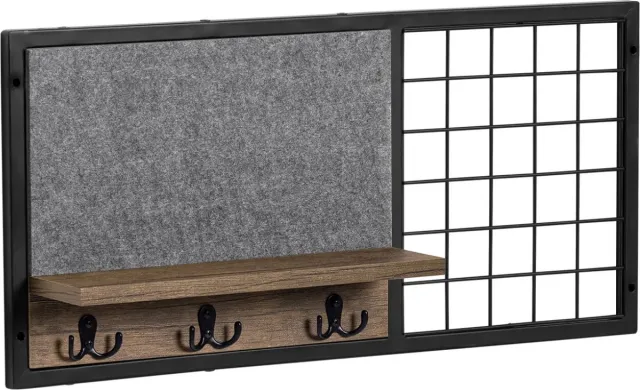 MARA Wandplank - Wandkapstok Met Hoedenplank - Kapstok - Vilten Memobord - Rasters - 1 Plank - 3 Dubbele Haken - 67 x 12 x 32 cm Bruin