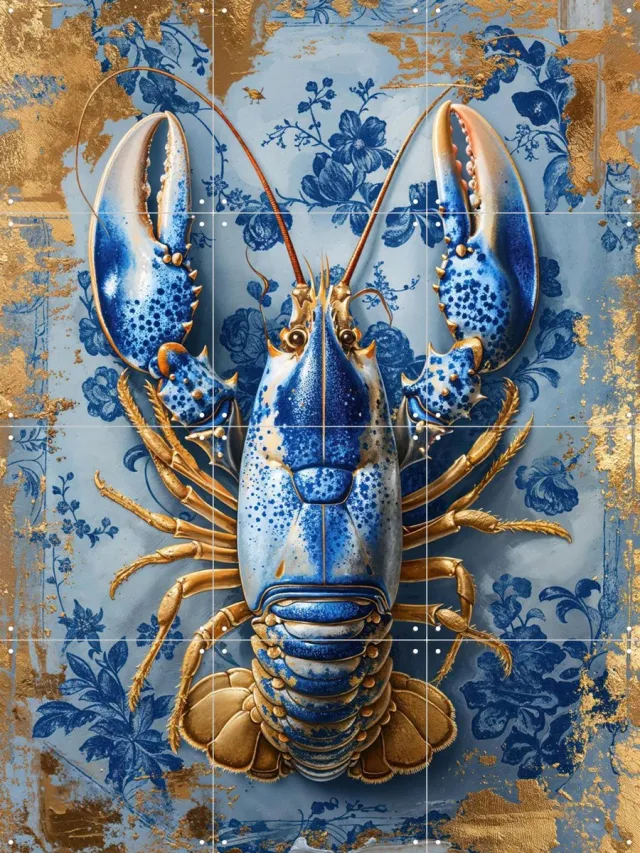 IXXI Painting Royal Delft Blue Lobster, OTTI - 60 x 80 cm - Grote wanddecoratie en posters - Speels, Kleurrijk, Digitale Kunst, Modern, Surrealisme Blauw / Goud